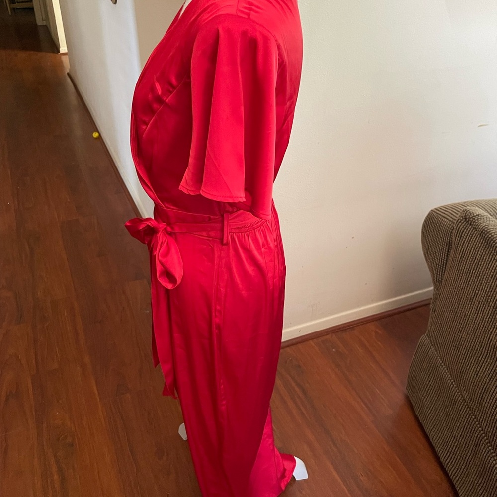 Zesica Red Satin faux wrap Dress LARGE short sleeve stretch V Neck belt zipper - Picture 8 of 16